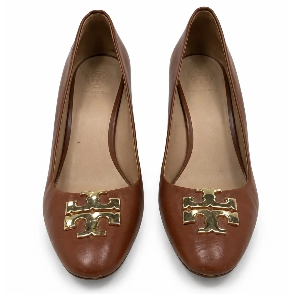 Tory Burch Sally Wedge Pumps Women 8.5M Tan Leather Good Gold Logo Heels